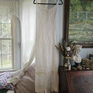 Antique Edwardian 1910s Cotton Princess Seam Slip with Peach Silk Ribbon & Lace